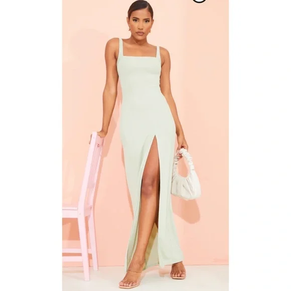 Women's Sage Green Straight Neck Maxi Dress - Size 10